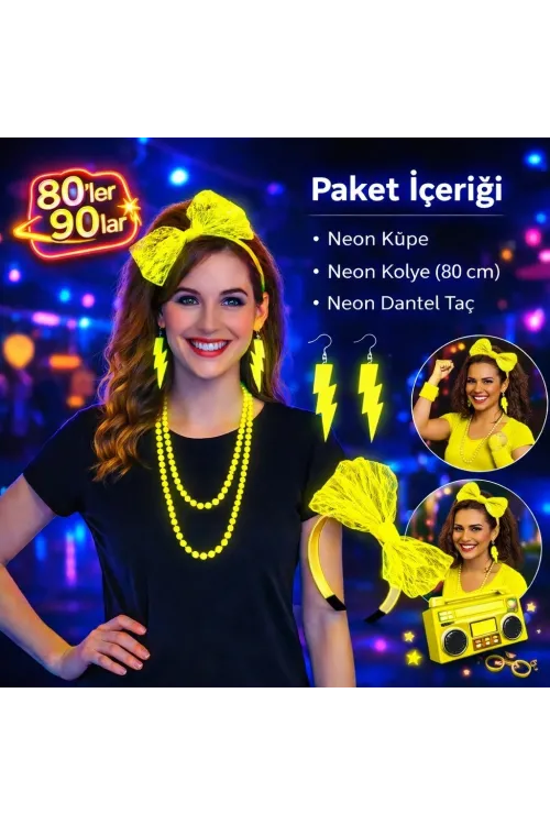 80’ler 90’lar Neon Sarı Parti Seti – Kolye Küpe Taç