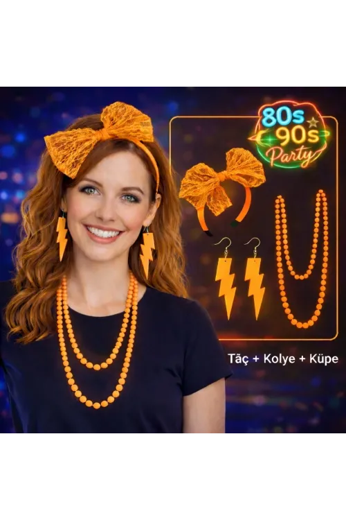 80’ler 90’lar Neon Turuncu Parti Seti – Kolye Küpe Taç