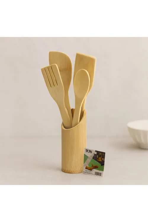 Ahşap Bambu Mutfak Servis Seti 5 Parça (Kaşık, Çatal, 2 Spatula, Stand) 27.5/30 cm