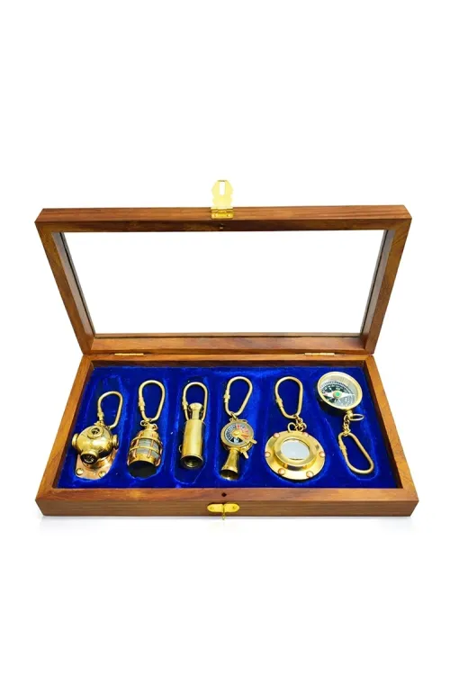 Ahşap Kutulu Denizci Temalı Pirinç Anahtarlık Seti Key-0285