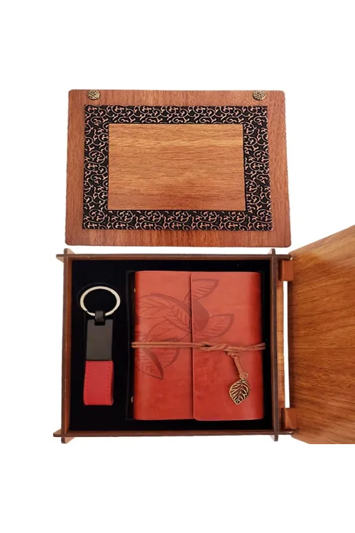 Ahşap Kutulu Kahve Deri Defter ve Anahtarlık Set