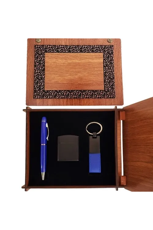 Ahşap Kutulu Mavi Kalem Anahtarlık ve Çakmak Set