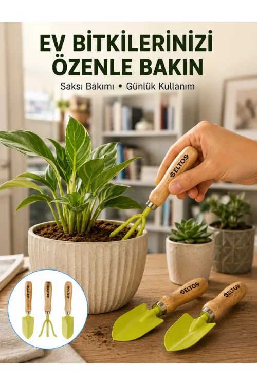 Ahşap Saplı Mini Bahçe El Aleti Seti Saksı Ve Çiçek Bakım Seti