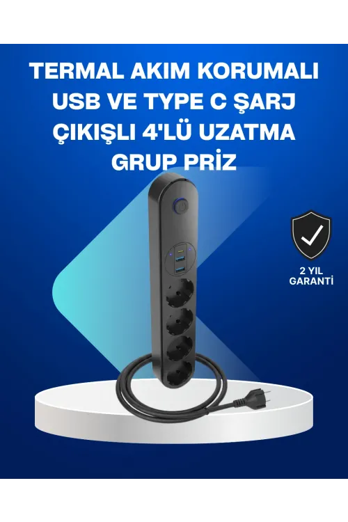 Akıllı Akım Dengelemeli 4’lü Çoklu Priz Type-c Ve Usb Çıkışlı