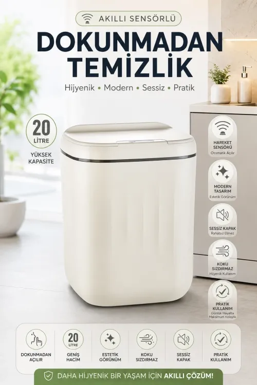 Akıllı Sensörlü 20 Litre Çöp Kovası Sessiz Kapaklı Modern Hijyenik Ev Tipi Çöp Kutusu