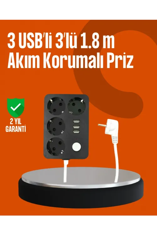 Akım Korumalı 3 Usb Portlu 4’lü Priz 4.1a Hızlı Şarj