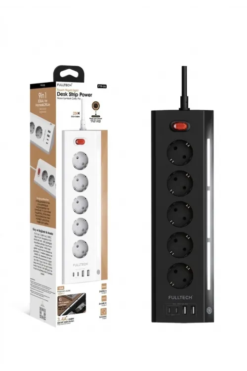 Akım Korumalı 5’li Priz 2xusb 2xtype-c Çıkış Dokunmatik Işıklı Akım Koruma Çoklu Priz Çoğaltıcı Siyah