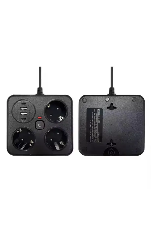 Akım Korumalı Anahtarlı Priz - 3x Priz - 2x Usb - 2x Type-c - 2 Mt Kablo Hızlı Şarj Özellikli Siyah
