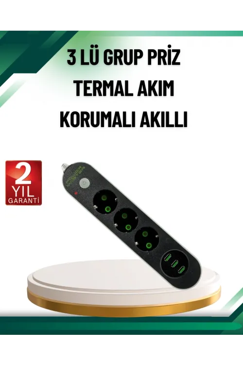 Akım Korumalı Anahtarlı Usb Girişli Üçlü Priz