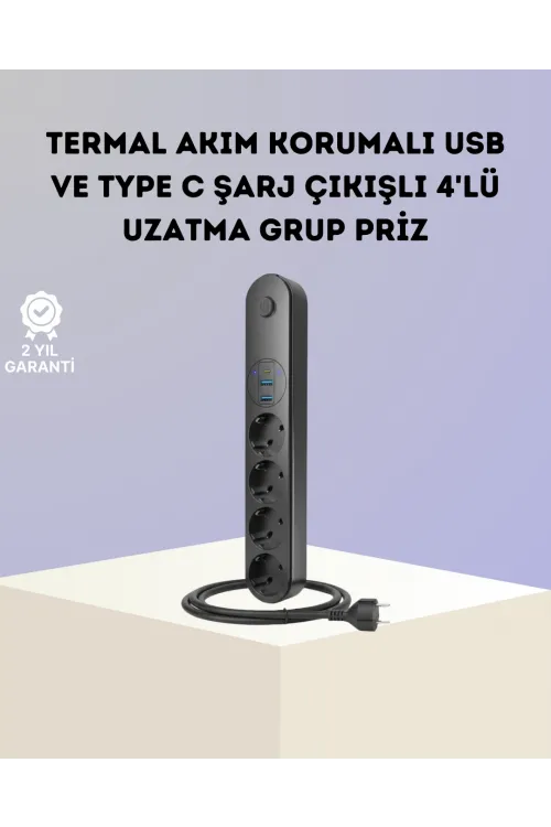 Akım Korumalı Çoklu Priz 4’lü 2 Usb 1 Type-c 2500w Güçlü Tasarım