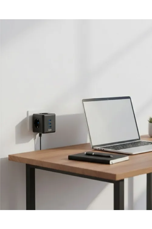 Akım Korumalı Küp Priz 3 Priz Girişi Ve 3 Usb Şarj Özellikli