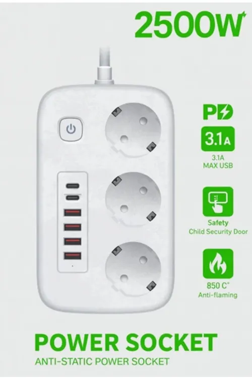  akım Korumalı Priz Ve Masaüstü Şarj İstasyonu Kablosuz 3 Priz ,4 Usb, 2 Type-c Girişli 2 Metre