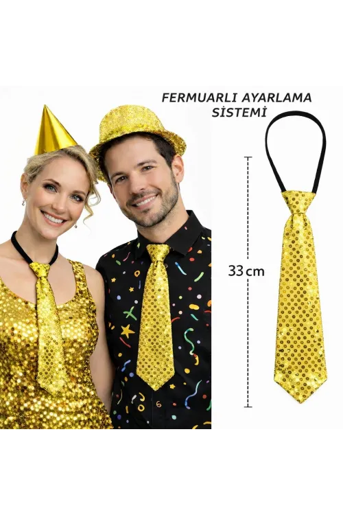 Altın Renk Pul Payetli Işıltılı Parti Kravatı 33 cm