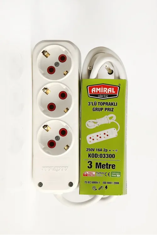 Amiral 3 Lü Topraklı 3 Metre Kablolu Grup Priz