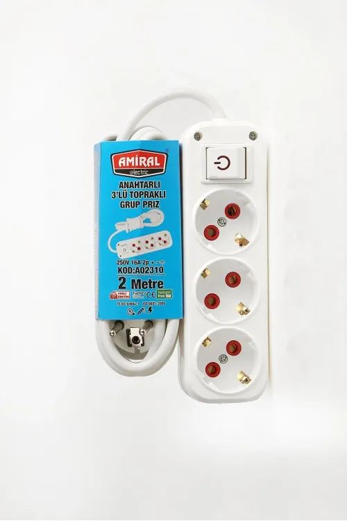 Amiral 3 Lü Topraklı Anahtarlı 2 Metre Kablolu Grup Priz