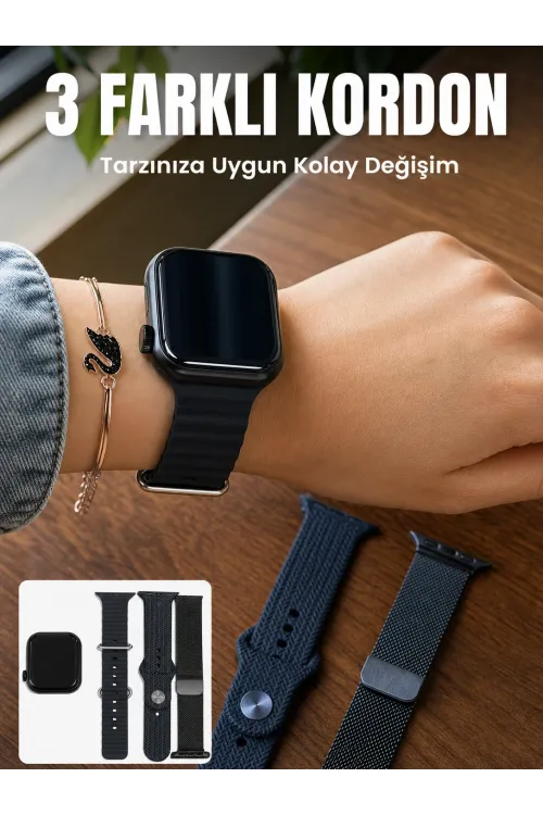 Amoled Ekranlı Bluetooth Aramalı 3 Kordonlu Akıllı Saat