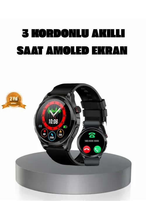 Amoled Ekranlı Smartwatch – 3 Kordonlu, Kalp Atış & Uyku Takipli Akıllı Saat