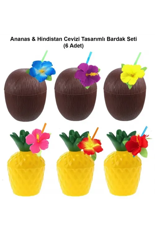 Ananas  Hindistan Cevizi Tasarımlı Pipetli Bardak Seti (6 Adet)