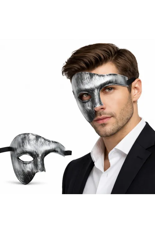 Antik Eskitme Gümüş Erkek Yarım Maske - Phantom & Balo Maskesi