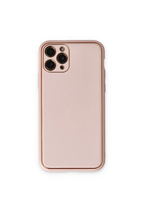 Apple İphone 11 Pro Max Kılıf Coco Deri Silikon Kapak - Pudra