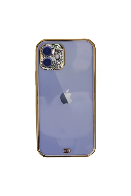 Apple İphone 12 Kılıf Liva Taşlı Silikon - Mor