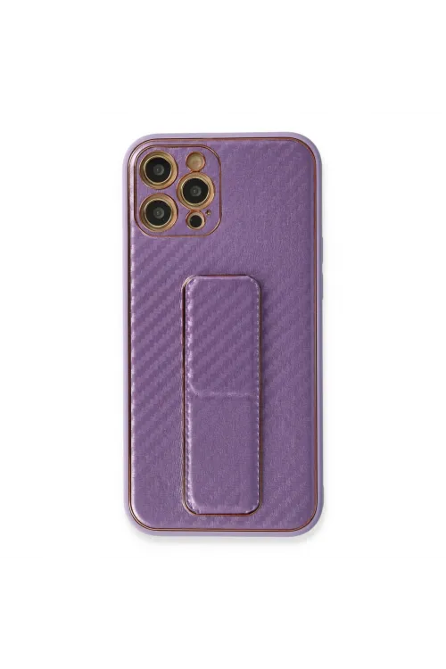 Apple İphone 12 Pro Kılıf Coco Karbon Standlı Kapak - Mor