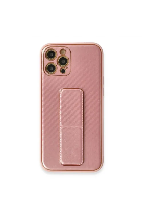 Apple İphone 12 Pro Kılıf Coco Karbon Standlı Kapak - Pembe