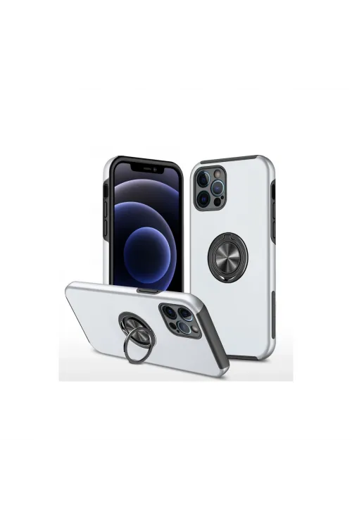 Apple İphone 12 Pro Kılıf Elit Yüzüklü Kapak - Gümüş