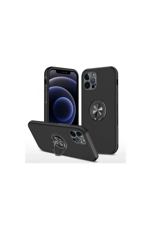 Apple İphone 12 Pro Max Kılıf Elit Yüzüklü Kapak - Siyah