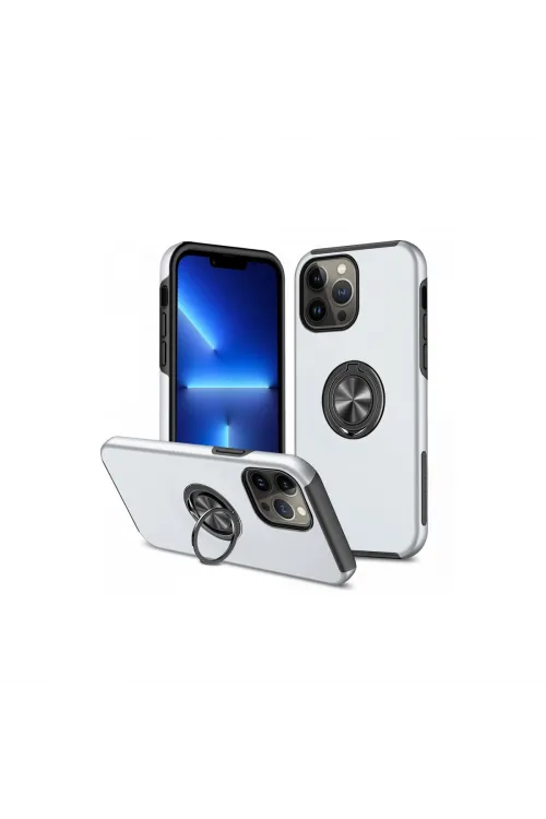 Apple İphone 13 Pro Kılıf Elit Yüzüklü Kapak - Gümüş