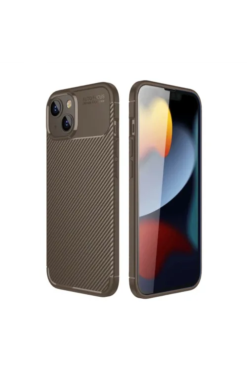 Apple İphone 14 Kılıf Auto Focus Karbon Kapak - Kahverengi