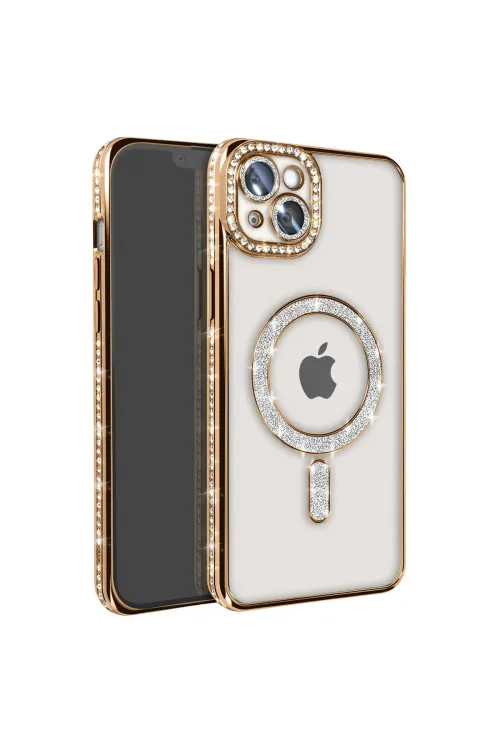 Apple İphone 14 Kılıf Joke Simli Magneticsafe Kılıf - Gold