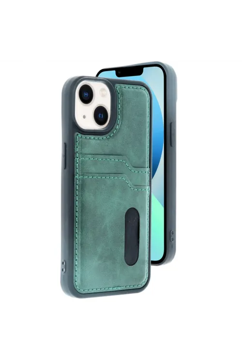 Apple İphone 14 Kılıf Sara Kartvizitli Deri Kılıf - Koyu Yeşil
