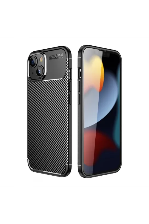 Apple İphone 14 Plus Kılıf Auto Focus Karbon Kapak - Siyah