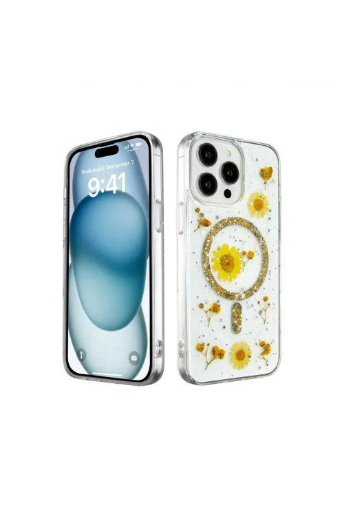 Apple İphone 14 Pro Max Kılıf Daisy Simli Magsafe Kapak - Gold