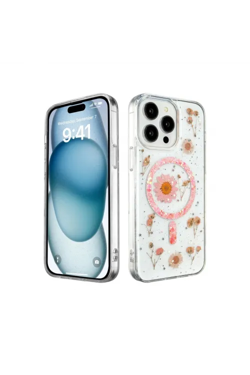 Apple İphone 14 Pro Max Kılıf Daisy Simli Magsafe Kapak - Pembe