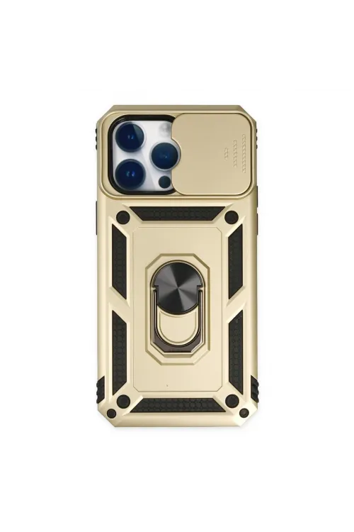 Apple İphone 14 Pro Max Kılıf Pars Lens Yüzüklü Silikon - Gold