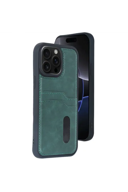 Apple İphone 14 Pro Max Kılıf Sara Kartvizitli Deri Kılıf - Koyu Yeşil