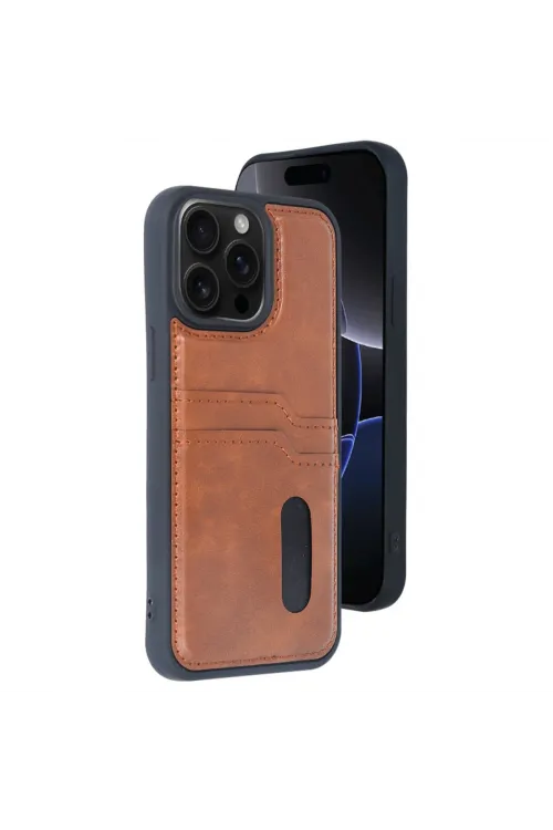 Apple İphone 14 Pro Max Kılıf Sara Kartvizitli Deri Kılıf - Taba