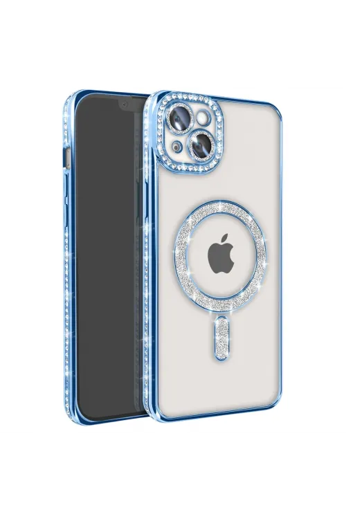 Apple İphone 15 Kılıf Joke Simli Magneticsafe Kılıf - Mavi