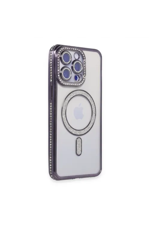 Apple İphone 15 Pro Kılıf Joke Simli Magneticsafe Kılıf - Derin Mor