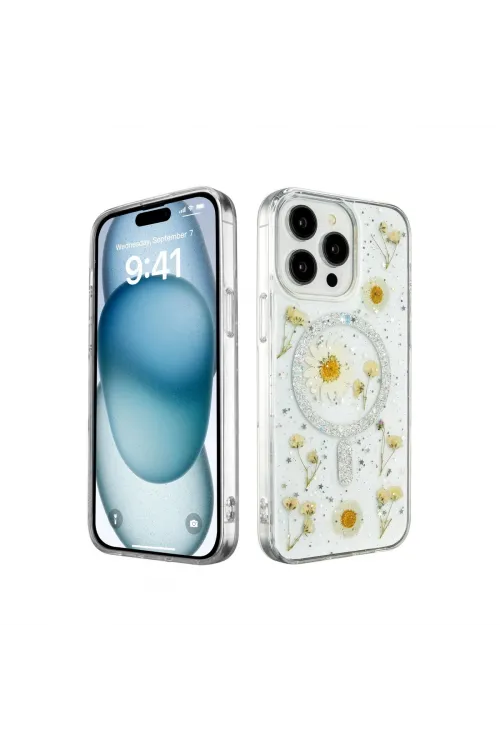Apple İphone 15 Pro Max Kılıf Daisy Simli Magsafe Kapak - Gümüş