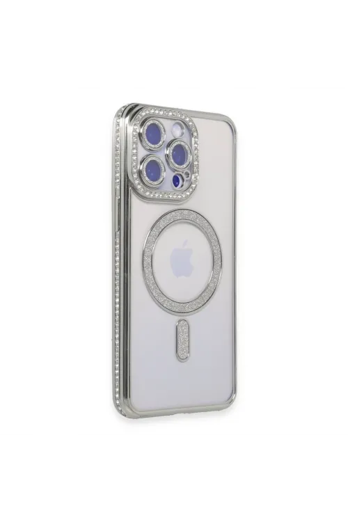 Apple İphone 15 Pro Max Kılıf Joke Simli Magneticsafe Kılıf - Gümüş