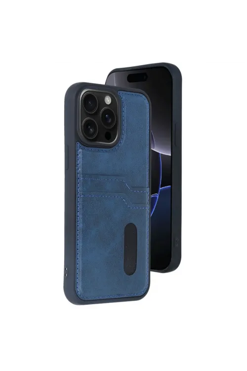 Apple İphone 15 Pro Max Kılıf Sara Kartvizitli Deri Kılıf - Lacivert