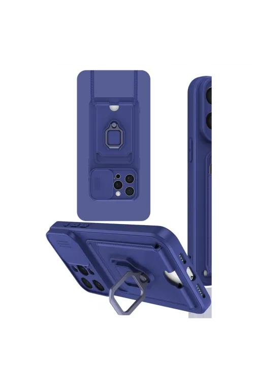Apple İphone 15 Pro Max Kılıf Zuma Kartvizitli Yüzüklü Silikon - Lacivert