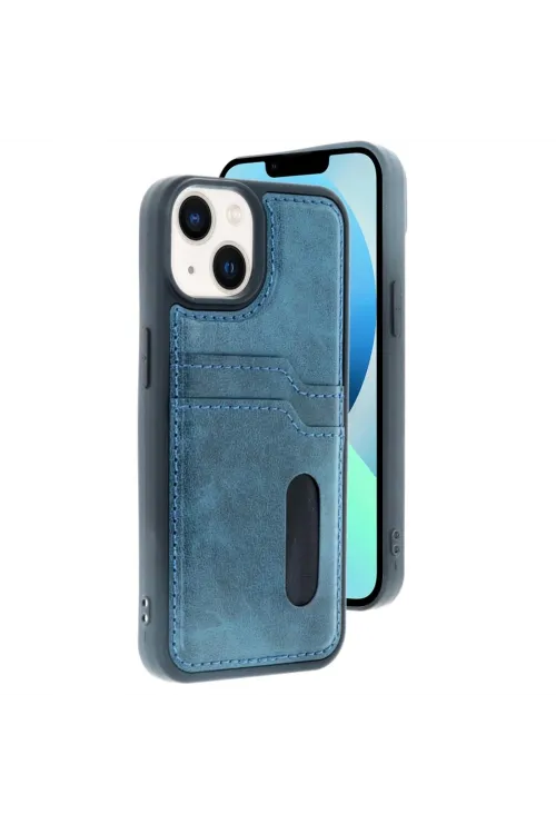 Apple İphone 15 Sara Kartvizitli Deri Kılıf - Lacivert