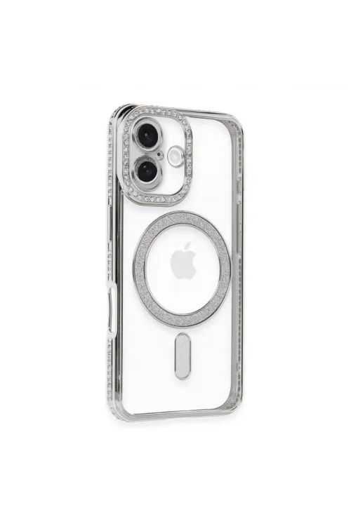 Apple İphone 16 Kılıf Joke Simli Magneticsafe Kılıf - Gümüş