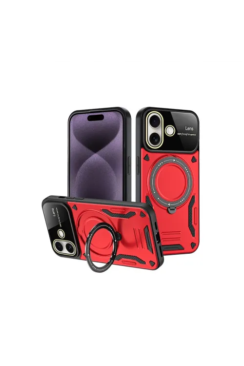 Apple İphone 16 Kılıf Joy Lens Standlı Kapak - Kırmızı
