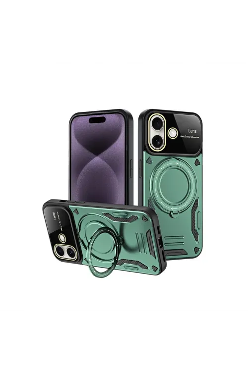 Apple İphone 16 Kılıf Joy Lens Standlı Kapak - Koyu Yeşil