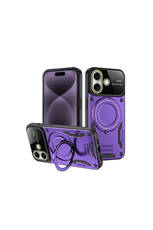Apple İphone 16 Kılıf Joy Lens Standlı Kapak - Mor